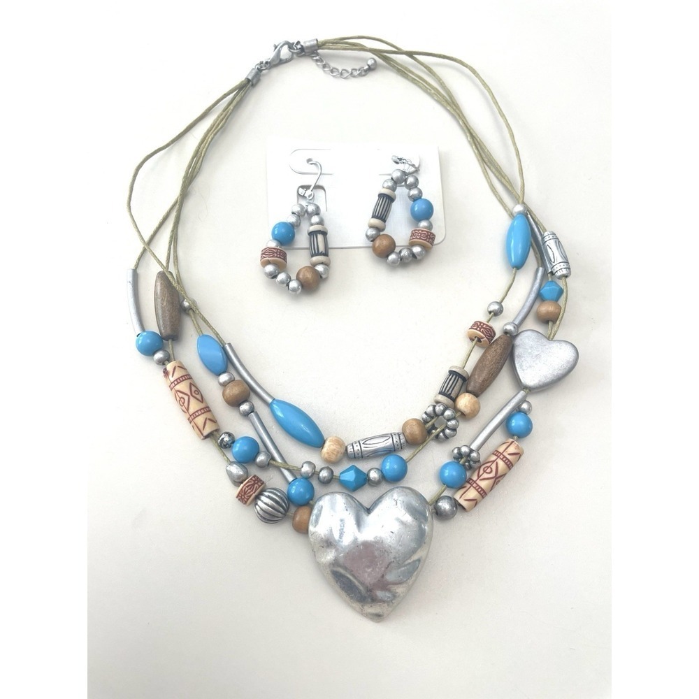 Multi-strand Beaded Necklace and Earring Set Heart Silver Tone Rodeo Western - Picture 2 of 5